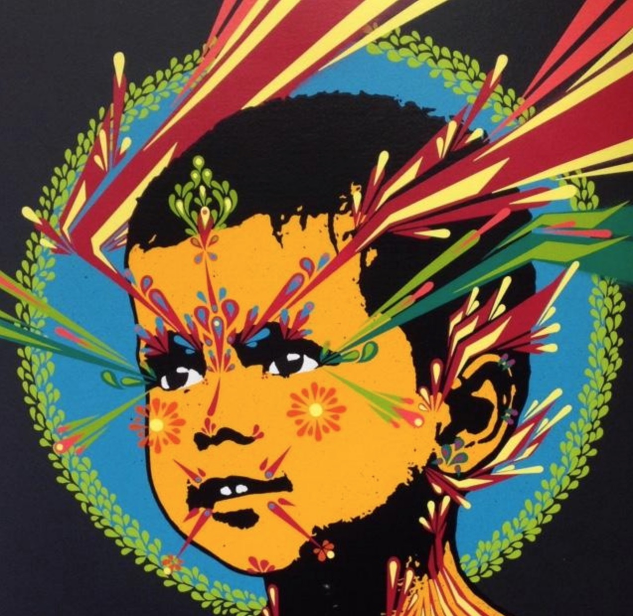 "Delhi Kid" (black paper), 2019. 10-color screen print on heavy archival paper. 15 3/4 x 15 3/4 in., 40 x 40 cm. Printed by Carini Stamperia in Italy. Edition of 15. Signed and numbered by Stinkfish.